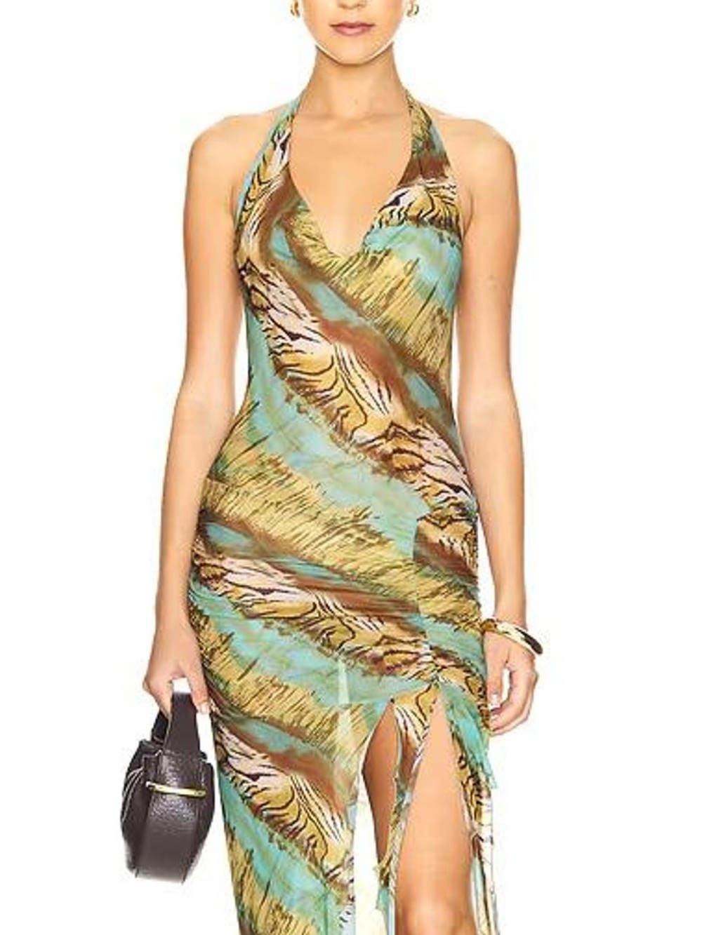 Indah Aqua and Brown Halter Maxi Dress with Side Slit